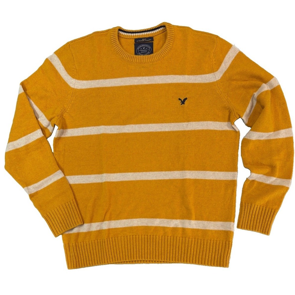 American Eagle Striped Sweater Mens Large Mustard Yellow Athletic Fit Crewneck